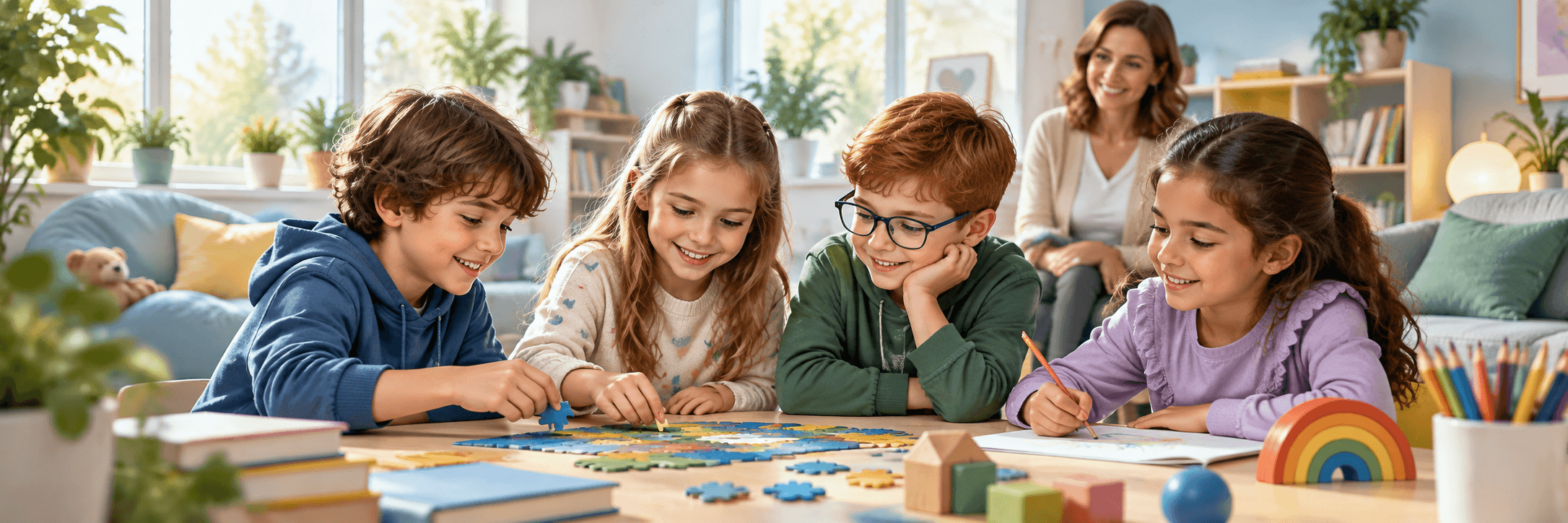 Dzieci wspólnie układające puzzle przy stole podczas zajęć w poradni, w tle uśmiechnięta terapeutka